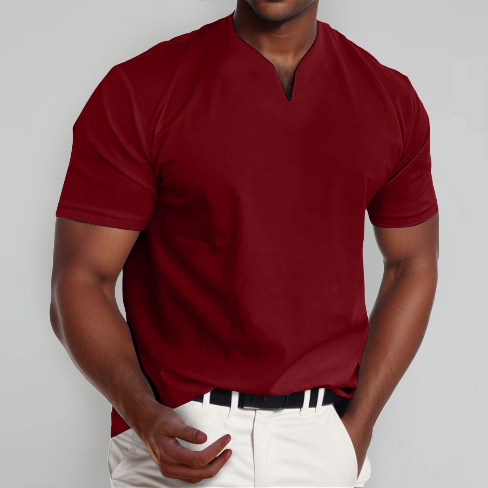 thumbnail image 2 of Camiseta informal de manga corta y cuello en V para hombre, camiseta ajustada., 2 of 4